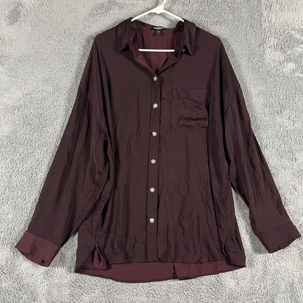 Express Boyfriend Shirt Womens XL Burgundy Satin Oversized Pearl Button Front